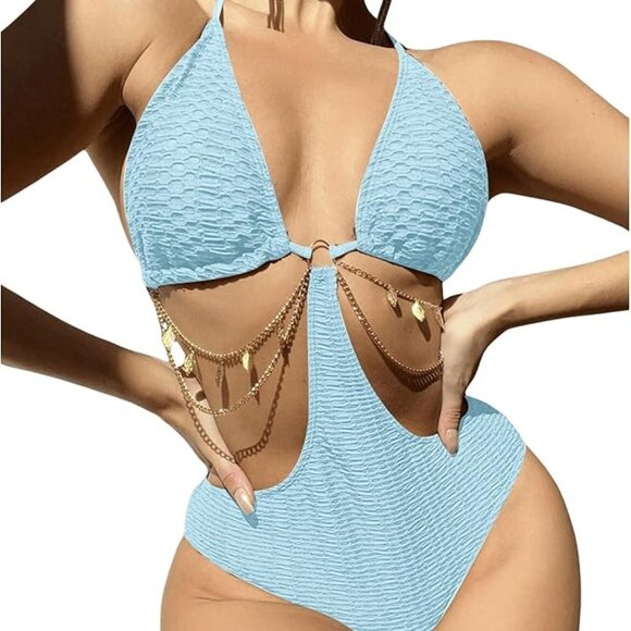 Women's Chain Linked Cut Out Halter One Piece Swimsuit - Picture 1 of 5